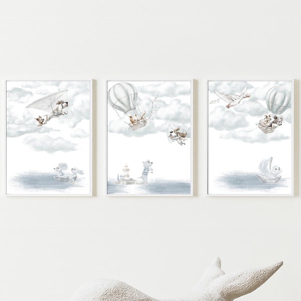 Wall picture set of 3 Premium P727 / Air Traveler / Children's room decoration wall pictures pictures poster hot air balloon flying animals