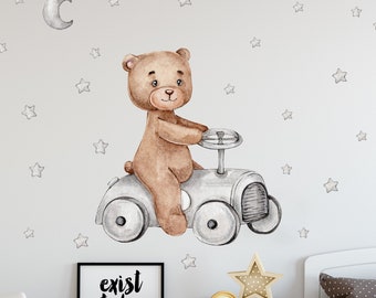 Bear in the car V268 wall sticker Children's room Wall sticker Sticker sticker with stars Teddy Bear racing car