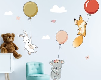 Rabbit, fox & koala wall decal nursery V231 sticker nursery wall sticker baby room clouds balloon baby room