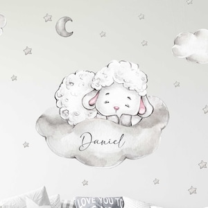 Autocollant mural en forme de mouton sur le nuage V403 pour chambre d'enfant avec étoiles en forme de mouton et d'agneau