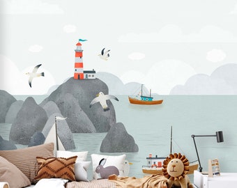 By the Sea Wallpaper Wall Sticker Mural Nursery Kids Room Decor Decoration Baby Seagull Ships Lighthouse TP133