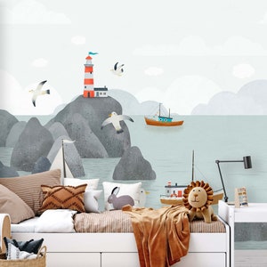 Am Meer Tapete für das Kinderzimmer Wandaufkleber Aufkleber Sticker Kindertapete Deko Babyzimmer See Möwe Schiffe TP133