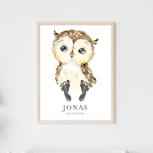 Baby Geschenk Personalisiert Poster Premium P745 / Baby Eule / Kinderzimmer Deko Wandbilder Bilder CANVAS Kunstdruck Wandkunst Fußabdruck