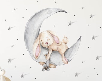 Lapin sur la Lune V303 Wall Decal Chambre d’enfants Sticker mural Autocollant autocollant avec étoiles Teddy Bunny Crescent Chambre de bébé