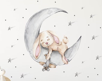 Rabbit on the Moon V303 Wall Sticker Children's Room Wall Sticker Sticker with Stars Teddy Bunny Crescent Baby Room
