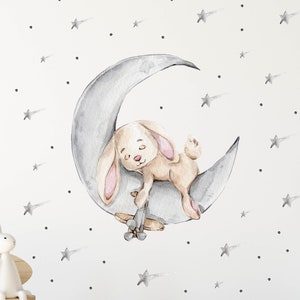 Lapin sur la Lune V303 Wall Decal Chambre denfants Sticker mural Autocollant autocollant avec étoiles Teddy Bunny Crescent Chambre de bébé image 1