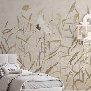 Carta da parati con cicogna e canna per la cameretta dei bambini, carta da parati fotografica, adesivo da parete, carta da parati per bambini, natura, beige, avventura, cameretta dei bambini TP237