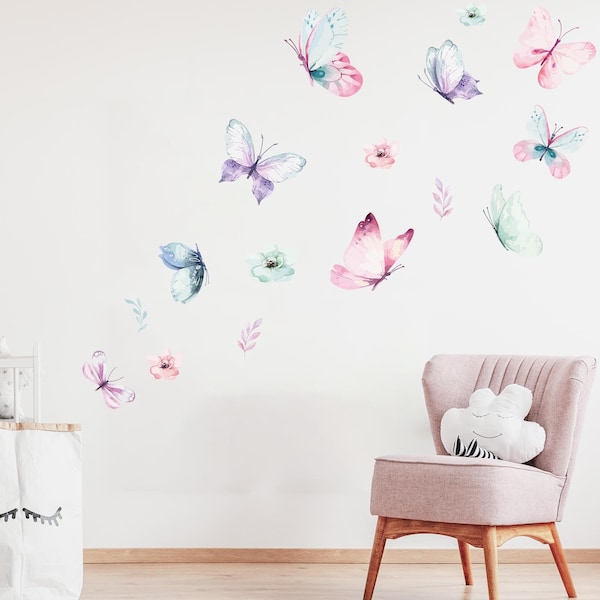 Schmetterling Set mit Pflanzen V220 Wandtattoo Aufkleber Wandaufkleber Sticker Bordüre Kinderzimmer Mädchenzimmer Wand Deko Schwarm