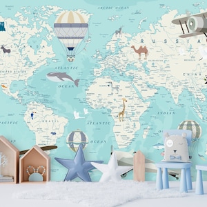 WELTKARTE Tapete Wandaufkleber Aufkleber Sticker Kindertapete Kinderzimmer Deko Babyzimmer Karte Welt Erde Landkarte TP101