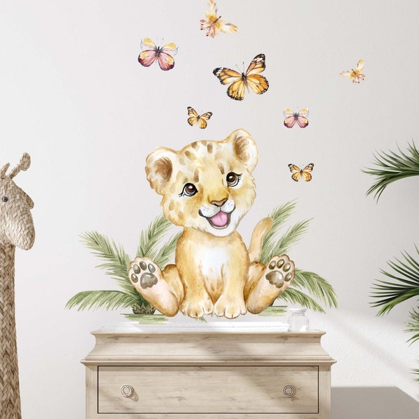 Lion & Papillons V357 Sticker mural pour chambre d'enfant avec étoiles Lion Safari Lion Chiot Bébé