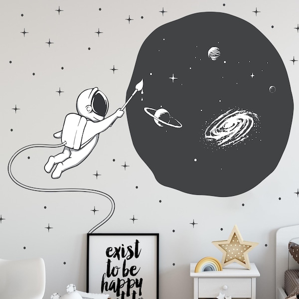 Astronaut Künstler Wandtattoo V309 Weltraum Maler Aufkleber Kinderzimmer Erde Sterne Milchstraße Planeten Wandsticker selbstklebend Sticker
