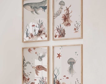 Wandbild 4er Poster Set P800 / Unterwasser Abenteuer mit Wal und Schildkröte / Kinderzimmer Deko Wandbilder Bilder