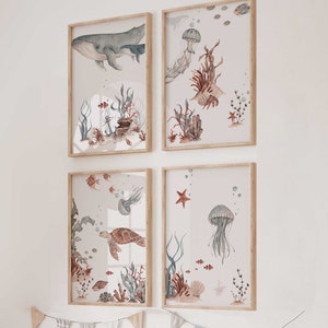Cuadro de pared, juego de 4 carteles P800 / Aventura submarina con ballena y tortuga / Cuadro decorativo para habitación infantil