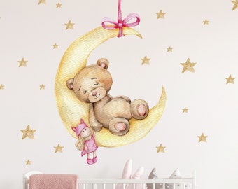 Bear on the Moon V291 Wall Decal Children's Room Wall Sticker Sticker Sticker with Stars Teddy Teddy Bear Crescent