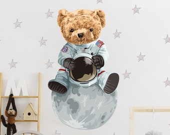 Ours sur la Lune Astronaute V326 Décalque Mural Chambre Enfants Autocollant Mural Autocollant Autocollant avec Étoiles Teddy Teddy Bear Espace Espace