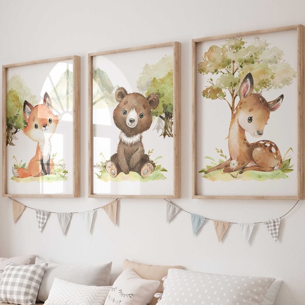 Set di 3 quadri da parete P795 / Animali della foresta Avventura Orso Volpe Cervo / Decorazione per la cameretta dei bambini Immagini da parete Immagini