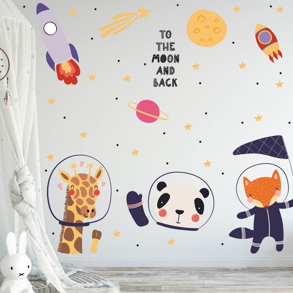 Weltraum Tiere Set V259 Wandtattoo Aufkleber Wandaufkleber Sticker Bordüre Kinderzimmer Deko Astronaut Universum Space Raumschiff Planet