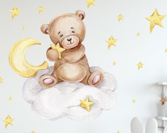 Cuddly Bear on the Cloud V292 Wall Decal Children's Room Wall Sticker Sticker Stickers with Stars Teddy Teddy Bear Crescent