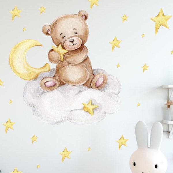 Knuddel Bär auf der Wolke V292 Wandtattoo Kinderzimmer Wandaufkleber Sticker Aufkleber mit Sternen Teddy Teddybär Halbmond