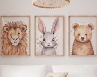 Wall Picture Set of 3 Posters P791 / Cute Lion Rabbit and Bear / Children's Room Decoration Wall Pictures Pictures