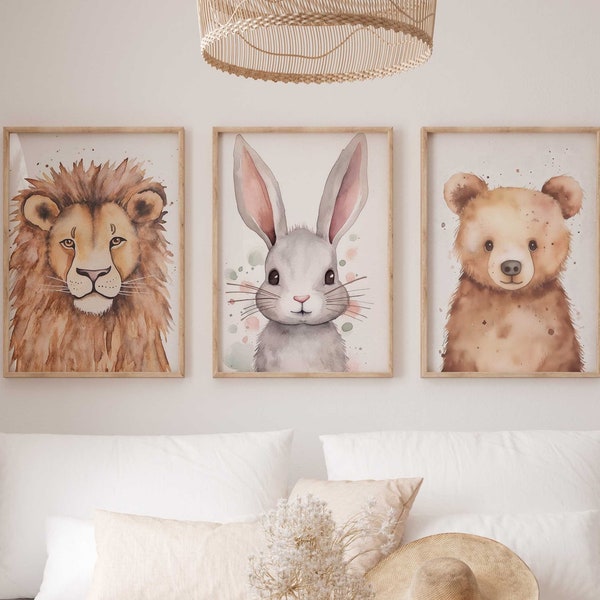 Wall Picture Set of 3 Posters P791 / Cute Lion Rabbit and Bear / Children's Room Decoration Wall Pictures Pictures