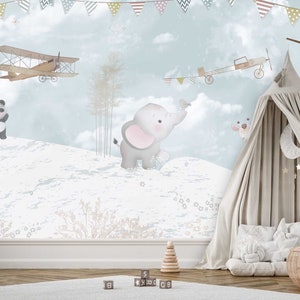 Aeroplani Elephant Giraffe Koala carta da parati per l'asilo nido Adesivo da parete adesivo adesivo per bambini decorazione carta da parati baby room TP112