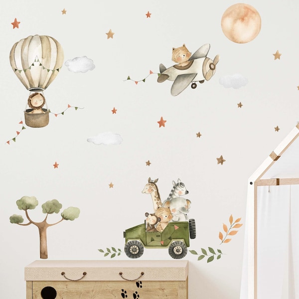 Wandtattoo Kinderzimmer V368 Safari Giraffe Löwe Elefant Tiger Zebra Wandaufkleber Sticker Aufkleber Babyzimmer Heißluftballon Ballon