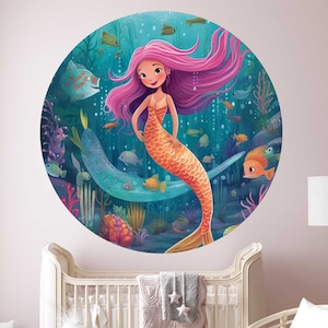 Mermaid V414 Round Wall Sticker Children&#39;s Room Round Wall Sticker Sticker Underwater World