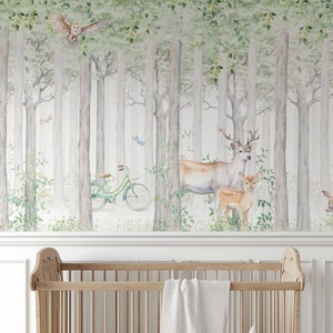 Carta da parati foresta con cervi per la camera dei bambini carta da parati fotografica adesivo da parete carta da parati per bambini natura alberi animali cameretta TP185