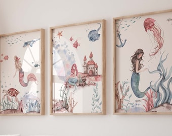 May include: Three watercolour illustrations of mermaids in a whimsical underwater setting. The first image features a mermaid with long flowing red hair and a blue tail, swimming near a castle. The second image shows a mermaid with long flowing brown hair and a green tail, swimming near a coral reef. The third image depicts a mermaid with long flowing brown hair and a green tail, swimming near a school of fish.