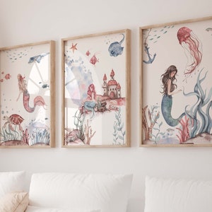 Cuadro de pared, juego de 3 carteles P803, mundo submarino de sirena, decoración de habitación infantil, imágenes de pared