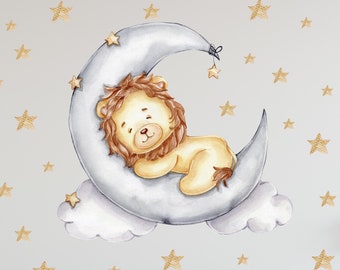 Lion sur la lune V302 Wandtattoo chambre d’enfant autocollant avec étoiles Lion Croissant