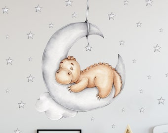 Dino auf dem Mond V323 Wandtattoo Kinderzimmer Deko Wandaufkleber Sticker Aufkleber mit Sternen Halbmond Baby Dinosaurier Drache