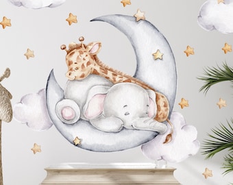 Elephant and giraffe on the moon V325 wall sticker children's room wall sticker sticker with stars crescent elephant baby room