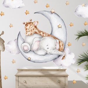 Elefant und Giraffe auf dem Mond V325 Wandtattoo Kinderzimmer Wandaufkleber Sticker Aufkleber mit Sternen Halbmond Elephant Babyzimmer zdjęcie 1