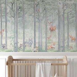 Forest wallpaper with forest animals for the children's room photo wallpaper wall sticker children's wallpaper nature trees animals baby room TP186