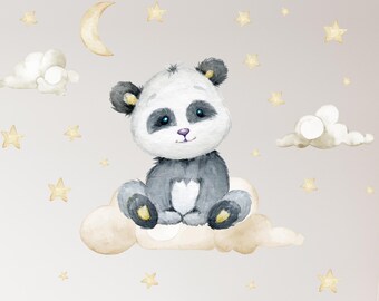 May include: A watercolor illustration of a panda bear sitting on a cloud with stars and a crescent moon in the background. The panda is gray and white with black eyes and a pink nose. The cloud is light brown with a white outline. The stars are yellow and the moon is white with a yellow outline.
