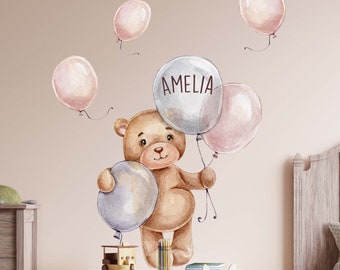 Oso con globos y nombre deseado V367 Habitación de los niños Calcomanía de pared Pegatina Pegatina Pegatinas Regalos personalizados con nombre