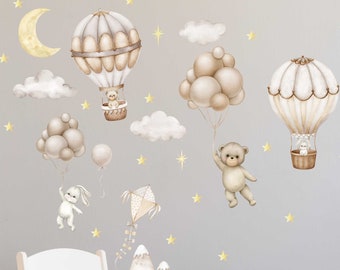 Wall Decal Children's Room V396 Animals Hot Air Balloon Wall Sticker Sticker Sticker Baby Room Balloon Rabbit Bear