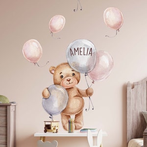 Orso con palloncini e nome desiderato V367 Stanza dei bambini Adesivo adesivo Adesivo Adesivi Regali personalizzati con nome immagine 1