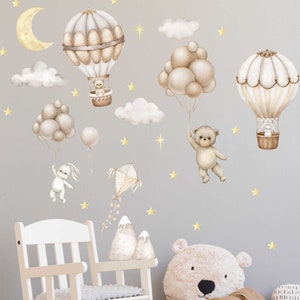 Décalcomanie murale Chambre des enfants V396 Animaux Montgolfière Montgolfière Autocollant Sticker Autocollant Baby Room Ballon Lapin Ours image 1