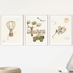 Wall Picture Set of 3 Posters P722 / Safari Adventure Hot Air Balloon Airplane Car / Children's Room Decoration Wall Pictures Pictures image 4