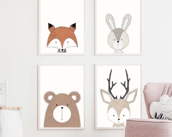 Poster set of 4 Premium P715 / FOREST ANIMALS bear fox deer rabbit / Children's room decoration wall pictures pictures CANVAS art print wall art