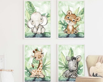 Poster 4er Set Premium P717 / SAFARI Tiger Giraffe Zebra Elefant / Kinderzimmer Deko Wandbilder Bilder CANVAS Kunstdruck Wandkunst