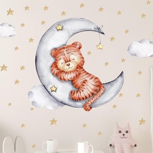 Tiger on the Moon V321 Wall Decal Children's Room Wall Sticker Sticker Sticker with Stars Safari Zoo Clouds Sleepy Cat Big Cat