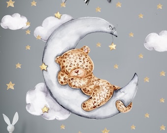 Leopard on the Moon V319 Wall Sticker Children's Room Wall Sticker Sticker with Stars Safari Zoo Clouds Sleepy Panther Cheetah