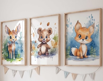 Wall Picture Set of 3 Posters P796 / Forest Animals Adventure Bear Fox Deer / Children's Room Decoration Wall Pictures Pictures