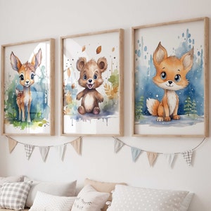 Cuadro de pared, juego de 3 carteles P796/animales del bosque, aventura, oso, zorro, ciervo/decoración de la habitación de los niños, imágenes de pared