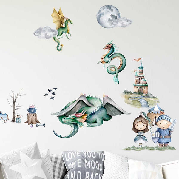 Dragon Knight et Princess Wall Decal Chambre d’enfants Décoration V383 Wall Sticker Sticker Sticker Dragon Family with Castle