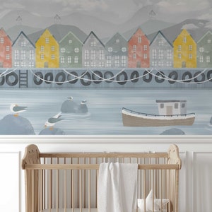 Häuser Tapete für das Kinderzimmer Fototapete Wandaufkleber Kindertapete Kanal Fluss Babyzimmer TP182